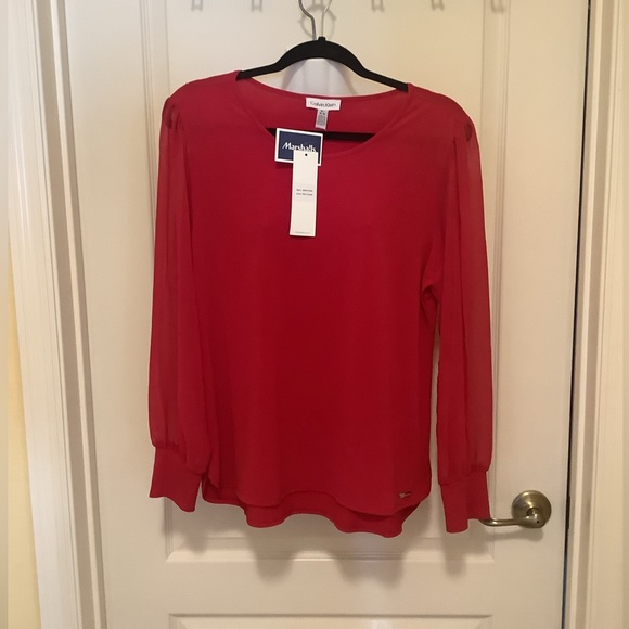 CALVIN Klein shirt sheer sleeves bright red stretchy NWT medium long sleeves. 🌹 - Picture 1 of 12